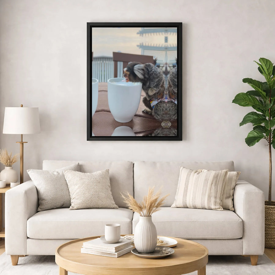 Marmoset Monkey Coffee Canvas Art | Cute Animal Drinking Coffee Print | Premium Gallery-Wrapped Decor | Unique Coffee Lover Gift Wall Art