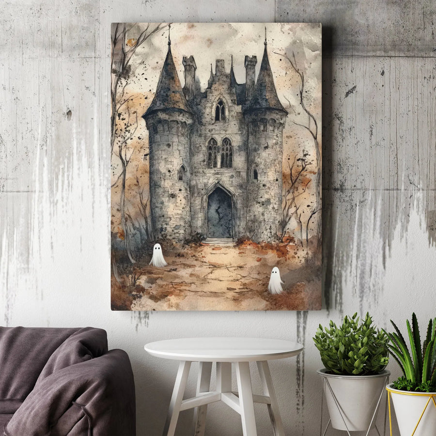 Haunted Castle Wall Art | Spooky Watercolor Ghost Painting | Gallery Quality Canvas Print | Gothic Home Decor Gift for Halloween Enthusiasts