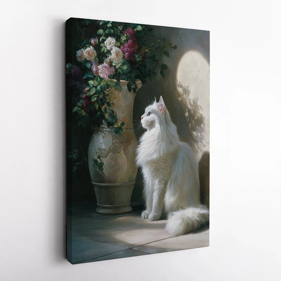 White Cat Canvas Wall Art | Elegant Floral Painting Print | Premium Gallery Wrap Decor | Gift for Cat Lover