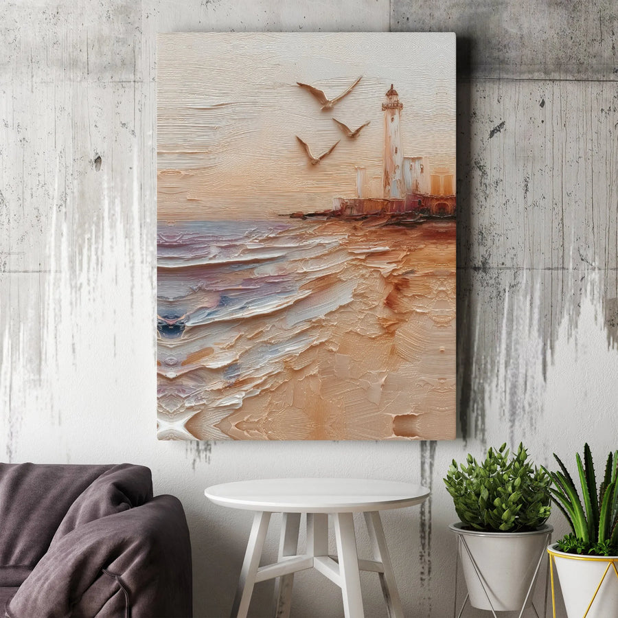 Coastal Lighthouse Canvas Wall Art | Modern Impasto Beach Scene | Thick Gallery Wrapped Canvas | Premium Beach House Wall Decor