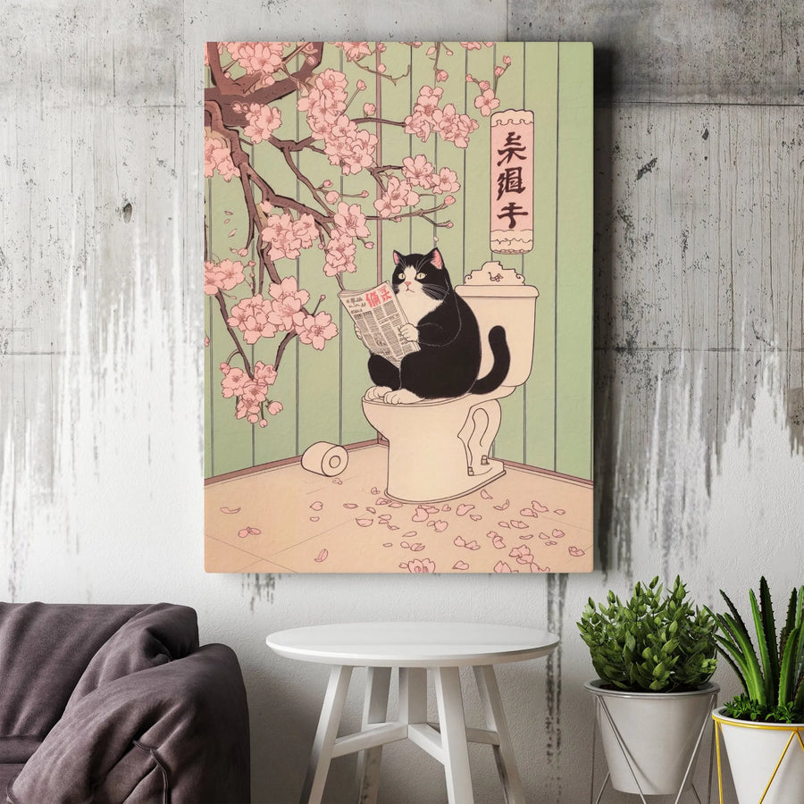 Japanese Cat Wall Art | Ukiyo-e Style Toilet Reading Kitty | Premium Gallery Wrapped Canvas | Funny Bathroom Decor & Quirky Home Gift