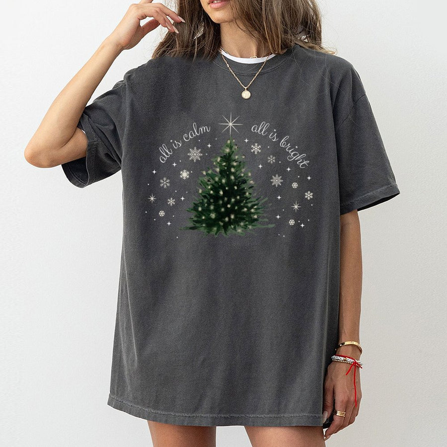 All Is Calm All Is Bright Christmas T-Shirt | Minimalist Watercolor Tree Graphic | 100% Cotton Premium Tee | Festive Holiday Gift For Women & Men