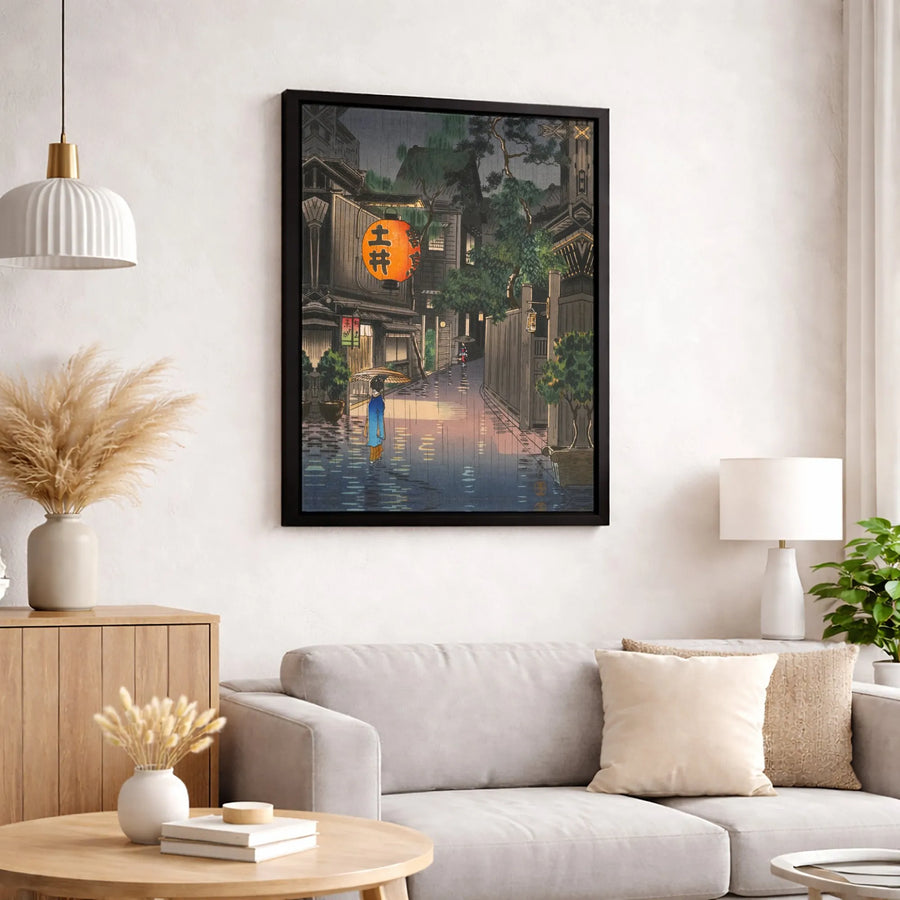 Japanese Woodblock Wall Art | Rainy Night Street Scene Canvas Print | Premium Gallery Wrap Decor | Gift for Art Lovers