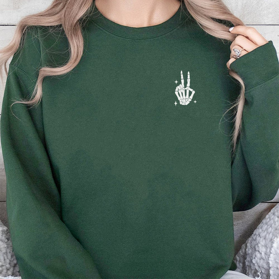 Skeleton Hand Peace Sign Sweatshirt | Minimalist Boho Aesthetic Design | Soft Cotton Blend Crewneck | Trendy Aesthetic Gift For Her