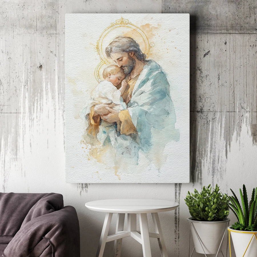Saint Joseph and Baby Jesus Canvas Print | Watercolor Religious Wall Art | Premium 1.25" Gallery Wrap | Christian Home Decor Gift