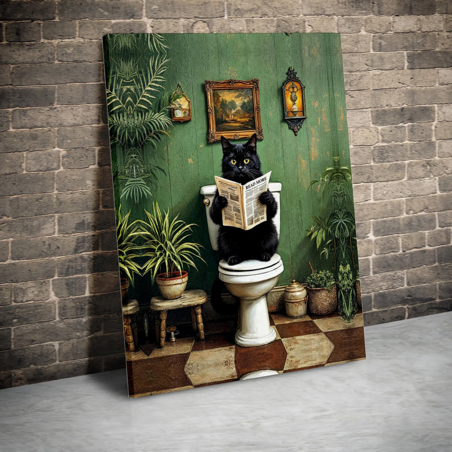 Black Cat Reading Newspaper Canvas | Funny Bathroom Wall Art | Premium 1.25 Inch Thick Gallery Wrap | Unique Cat Lover Gift