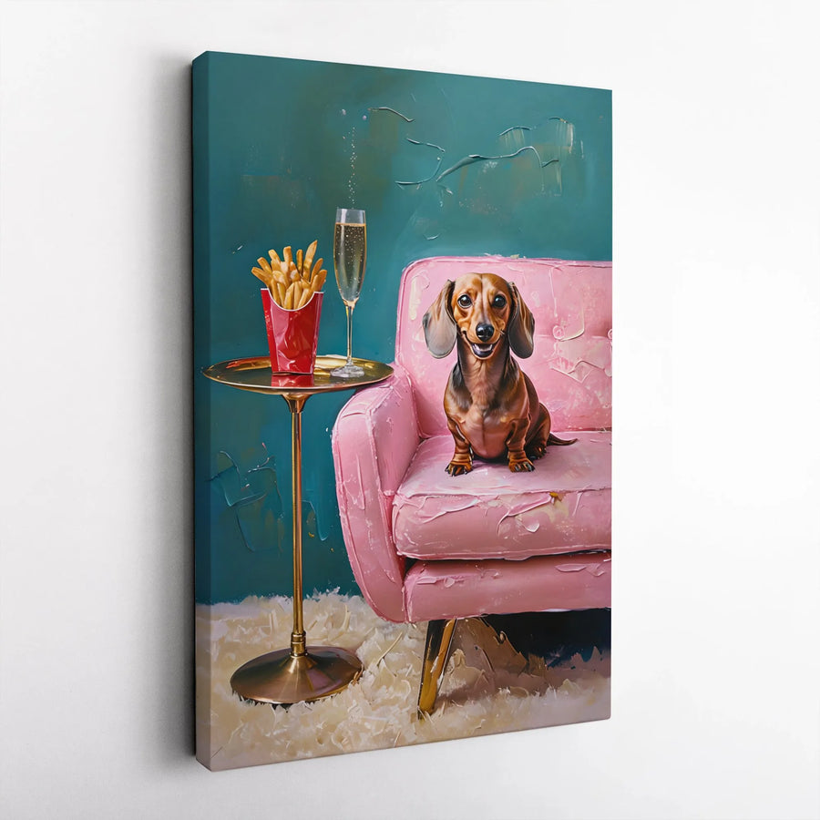 Dachshund Art Canvas Print | Whimsical Dog Drinking Champagne & Fries | Premium Gallery-Wrapped Wall Decor | Funny Pet Lover Gift