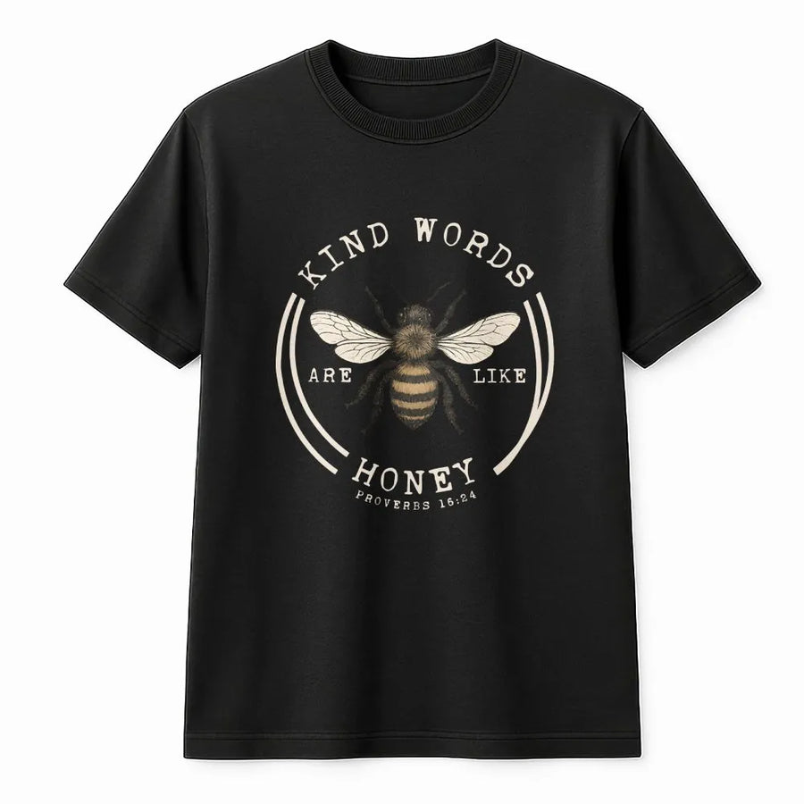 Kind Words Are Like Honey T-Shirt | Bible Verse Bee Design | 100% Cotton Premium Tee | Faith Based Religious Gift for Women and Men