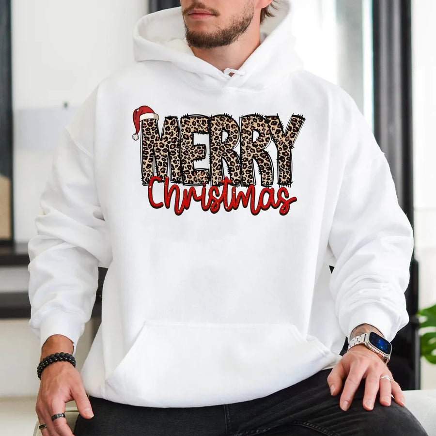 Merry Christmas Leopard Print Hoodie | Festive Santa Hat Graphic | Soft Premium Cotton Blend | Trendy Holiday Gift for Her