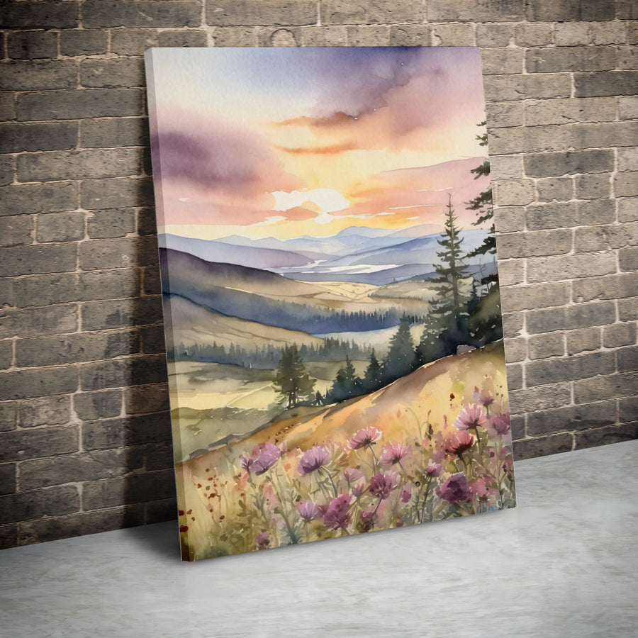 Watercolor Mountain Canvas Wall Art | Scenic Sunrise Over Wildflower Meadow | Thick Gallery Wrapped Canvas | Premium Gift for Home Decor