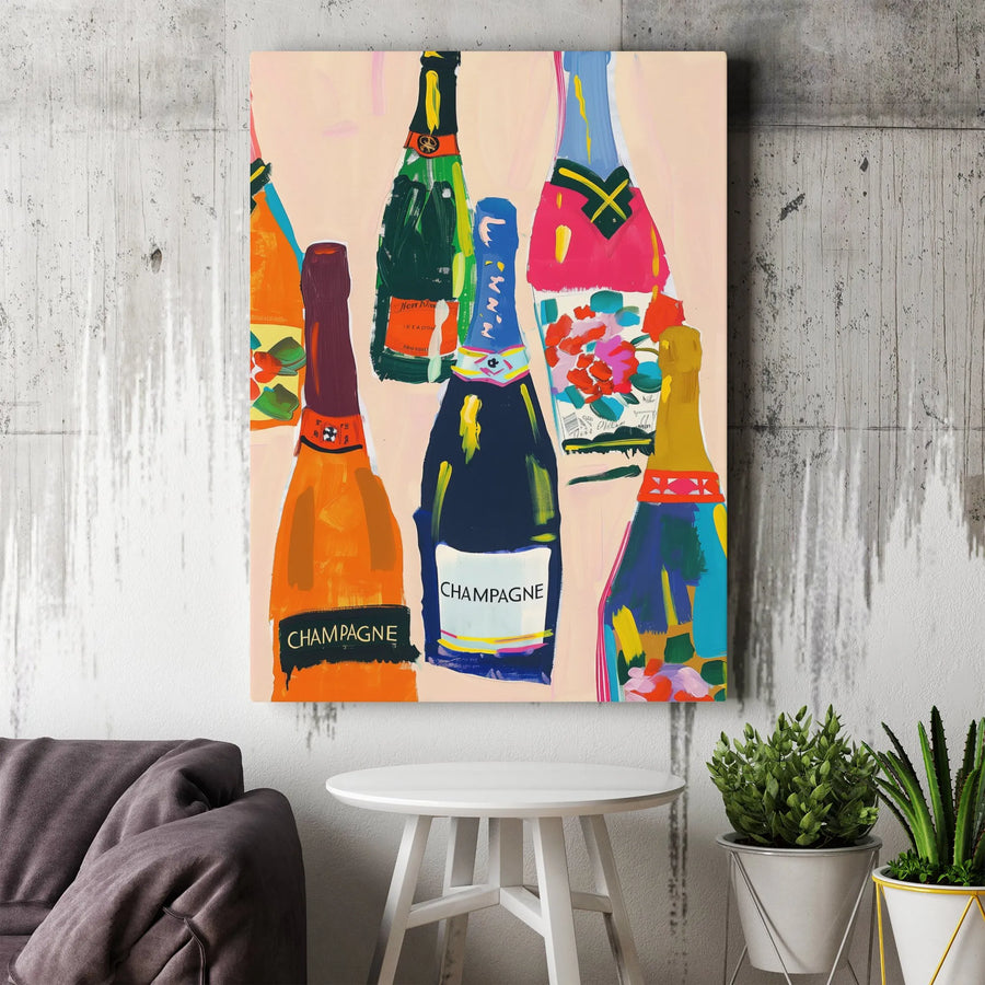 Champagne Bottles Wall Art | Colorful Abstract Kitchen Decor | Premium Fade-Resistant Canvas | Modern Bar Cart Gallery Print