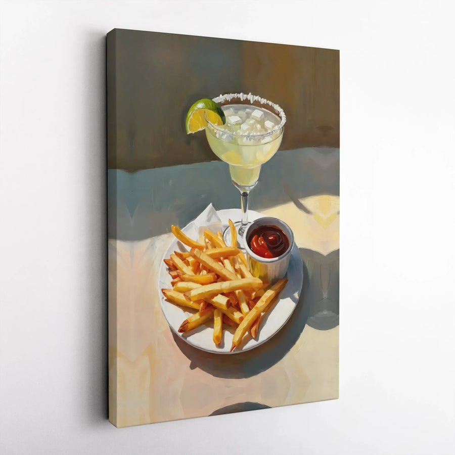 Margarita and French Fries Canvas Wall Art | Impressionist Cocktail Food Painting | Premium Gallery Wrapped Print | Kitchen Decor Gift for Bar Lovers