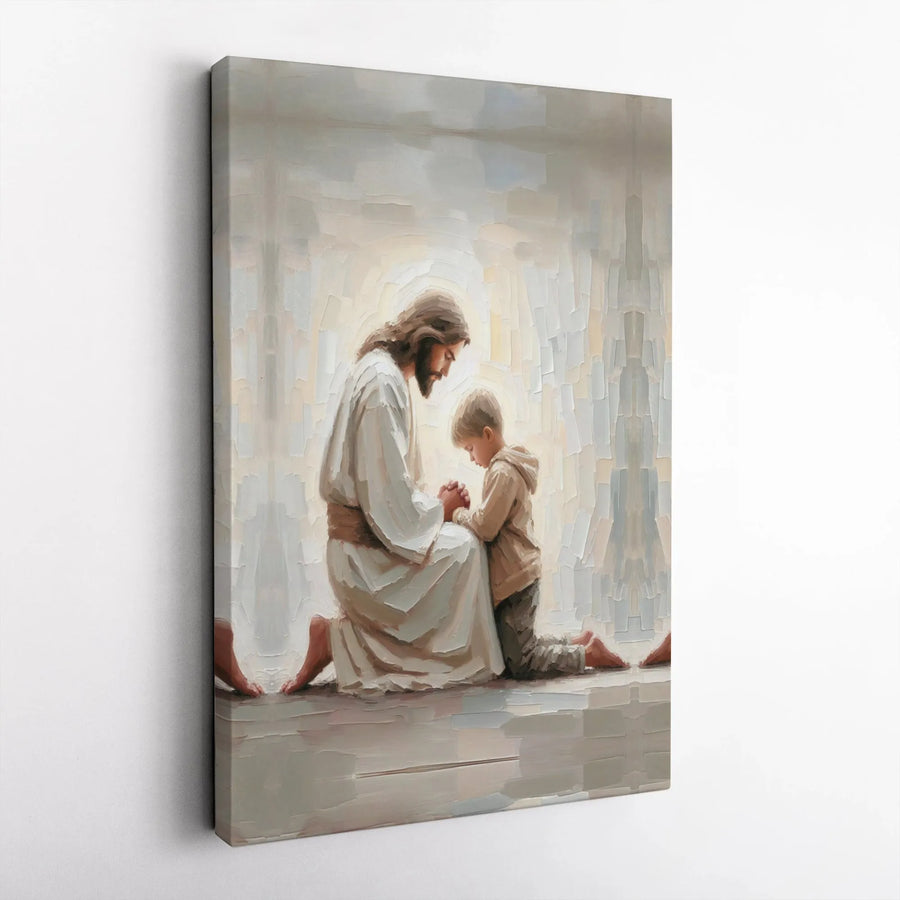 Jesus Kneeling With Child Canvas Wall Art | Faith-Based Religious Portrait | Premium 1.25-Inch Gallery Wrap | Christian Home Decor Gift
