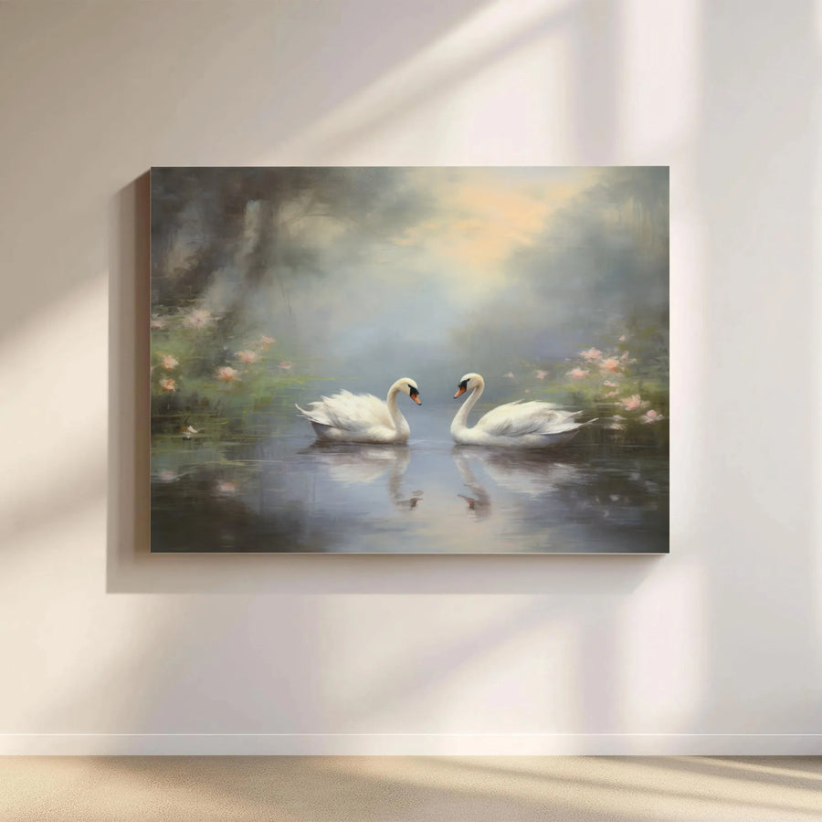 Romantic Swan Canvas Wall Art | Vintage Style Swan Couple Painting | Premium Fade-Resistant Print | Bedroom Wall Decor Gift for Couples