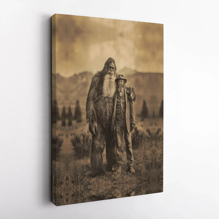 Bigfoot Wall Art | Vintage Sepia Portrait Canvas Print | 1.25-Inch Gallery Wrap Decor | Sasquatch Gift for Cryptid Lovers