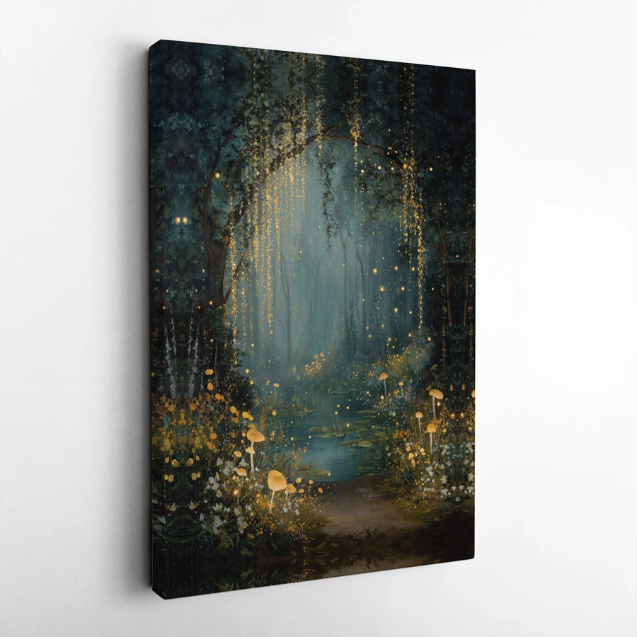 Enchanted Forest Canvas Wall Art | Glowing Mushroom & Firefly Print | Premium Fade-Resistant Print | Whimsical Fantasy Room Decor Gift