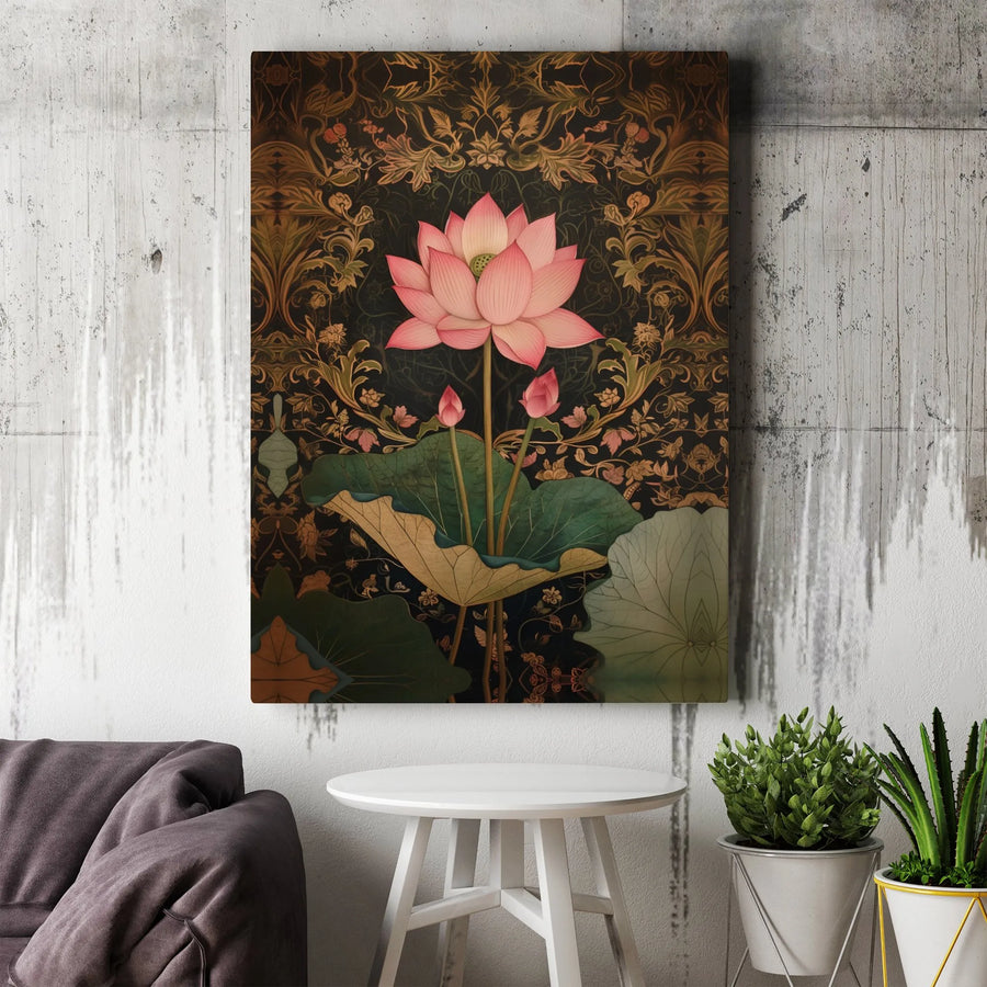 Pink Lotus Flower Canvas Art | Vintage Art Nouveau Floral Print | Premium 1.25-Inch Gallery Wrap | Elegant Botanical Home Decor Wall Art