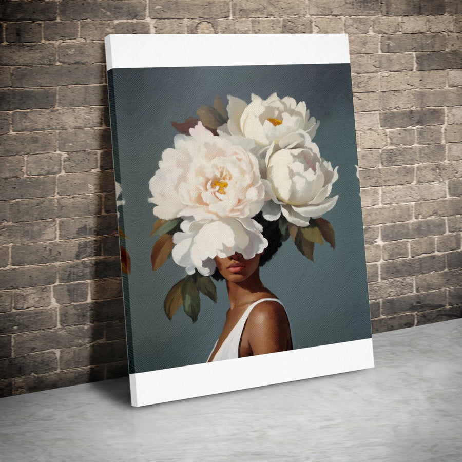 Black Woman Floral Portrait Canvas | Peony Flower Headdress Wall Art | Premium Gallery-Wrapped Print | Elegant Home Decor Gift For Her