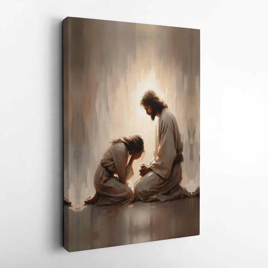 Jesus Comforting Weeping Woman Canvas Art | Religious Christian Wall Decor | Gallery Quality 1.25 Inch Print | Spiritual Healing Gift for Home