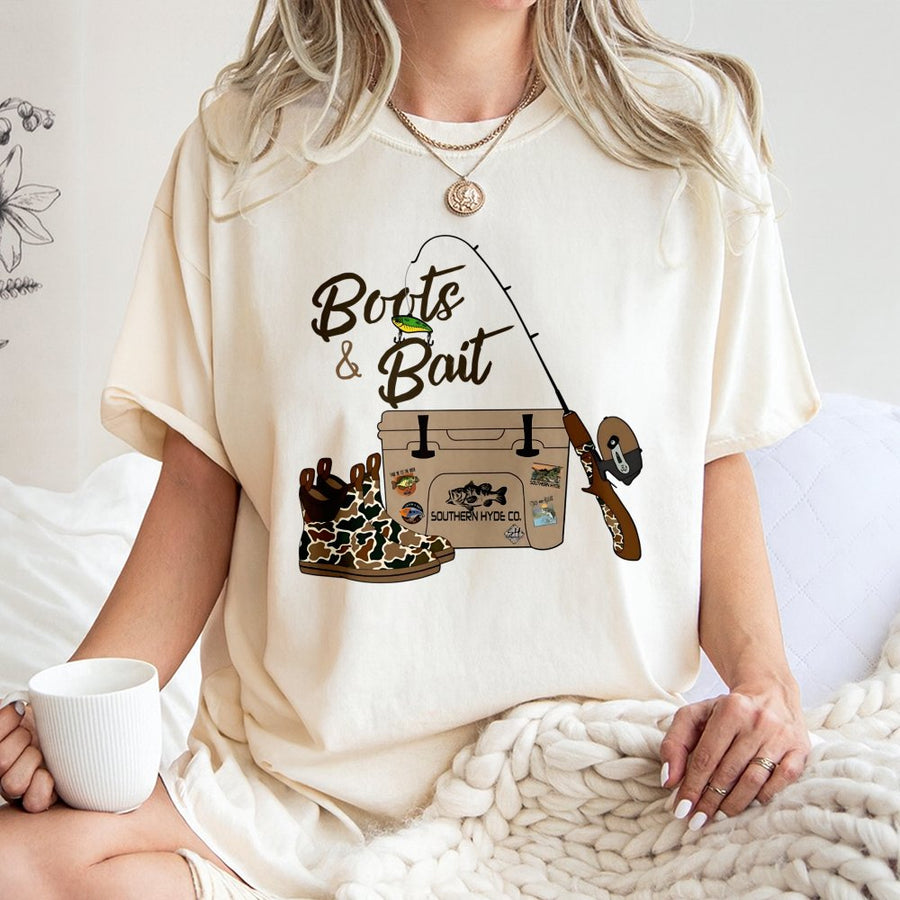 Boots & Bait Fishing Graphic T-Shirt | Country Western Camo Print Design | Premium 100% Cotton | Outdoor Fisherman Gift For Men & Women
