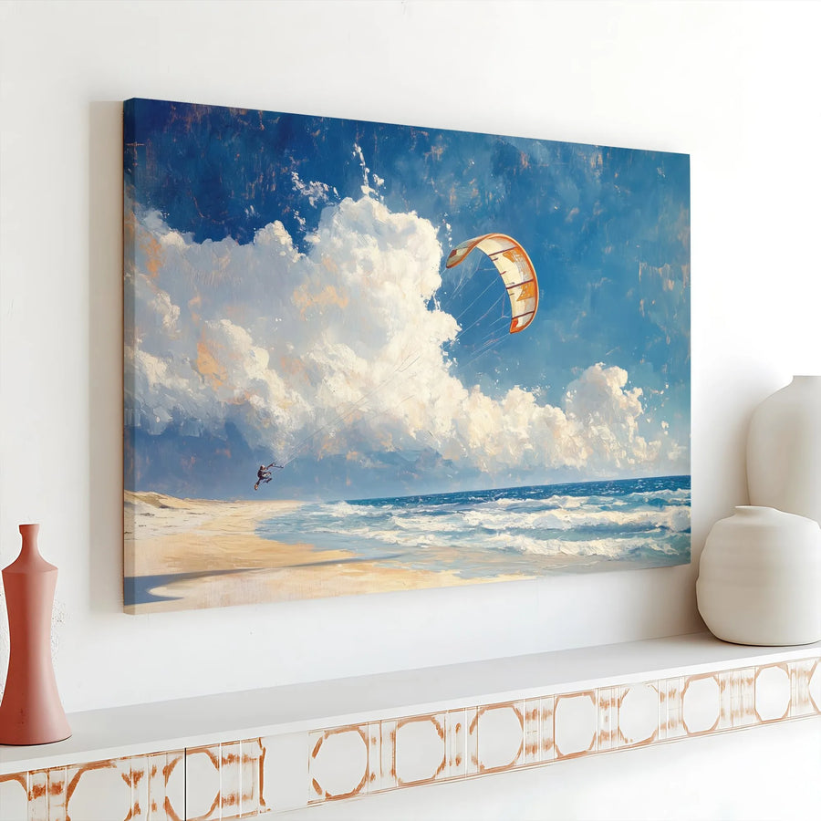 Kitesurfing Ocean Beach Wall Art | Impressionist Seascape Canvas Print | 1.25” Gallery Wrap | Coastal Decor Gift for Water Sports Lovers
