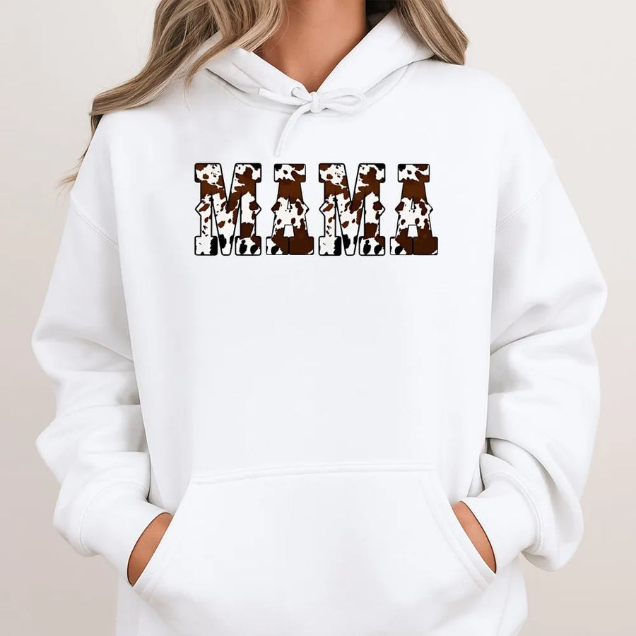 Mama Hoodie | Cow Print Western Varsity Text | Premium Soft Cotton Blend | Trendy Mother's Day 2026 Gift for Women
