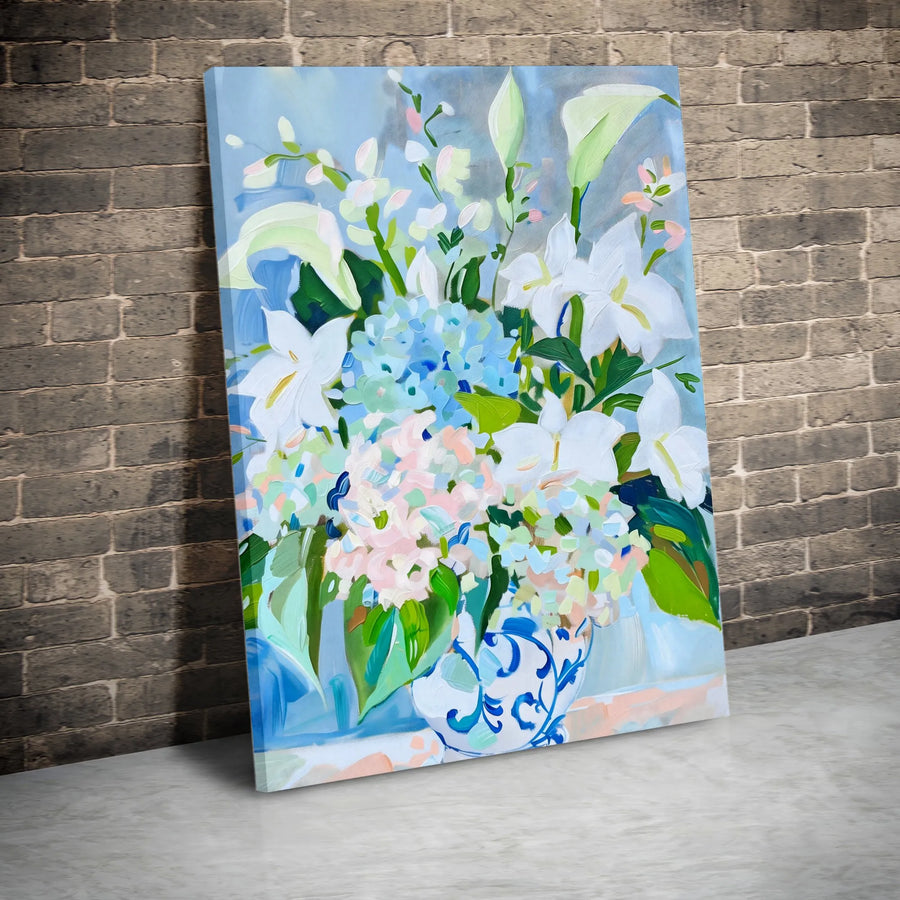 Impressionist Floral Canvas Print | Hydrangea & Lily Bouquet in Chinoiserie Vase | Premium Gallery Wrapped Canvas | Modern Farmhouse Living Room Decor Gift