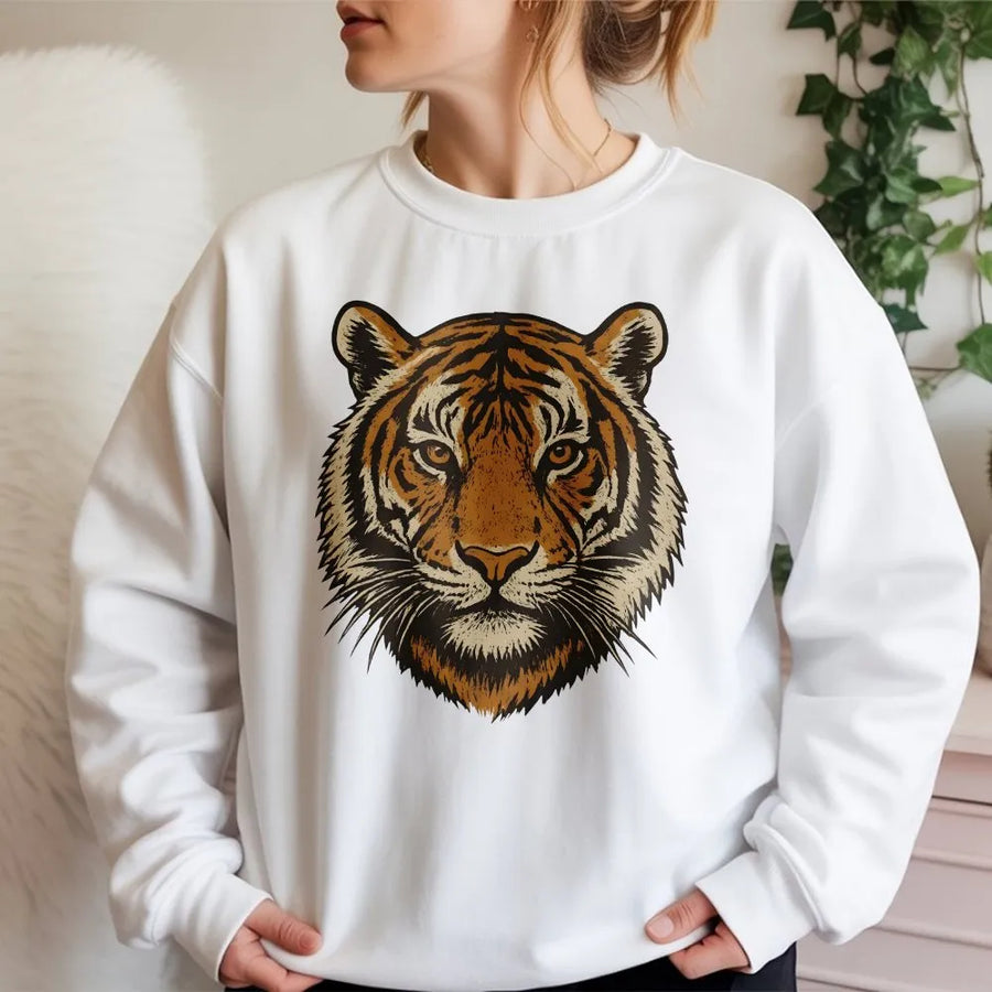Vintage Tiger Sweatshirt | Retro 90s Graphic Wild Cat Face | Premium Cotton Blend | Jungle Animal Lover Gift