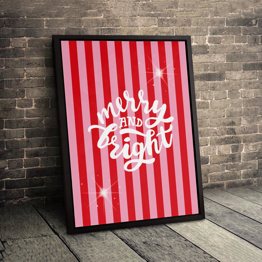 Merry and Bright Wall Art | Festive Red and Pink Striped Canvas | Premium Fade-Resistant Print | Holiday Home Decor Gift