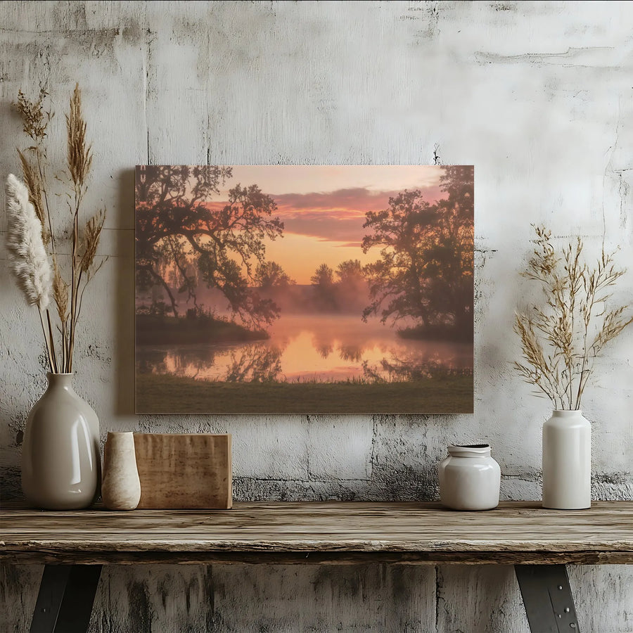 Misty Lake Landscape Canvas Print | Serene Sunrise Oak Trees Wall Art | Premium Gallery-Wrapped 1.25" Profile | Calming Nature Decor for Home Office