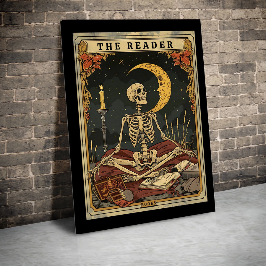 The Reader Tarot Card Canvas | Skeleton Reading Books Wall Art | Gallery Quality Premium Print | Gothic Home Decor Gift for Book Lovers