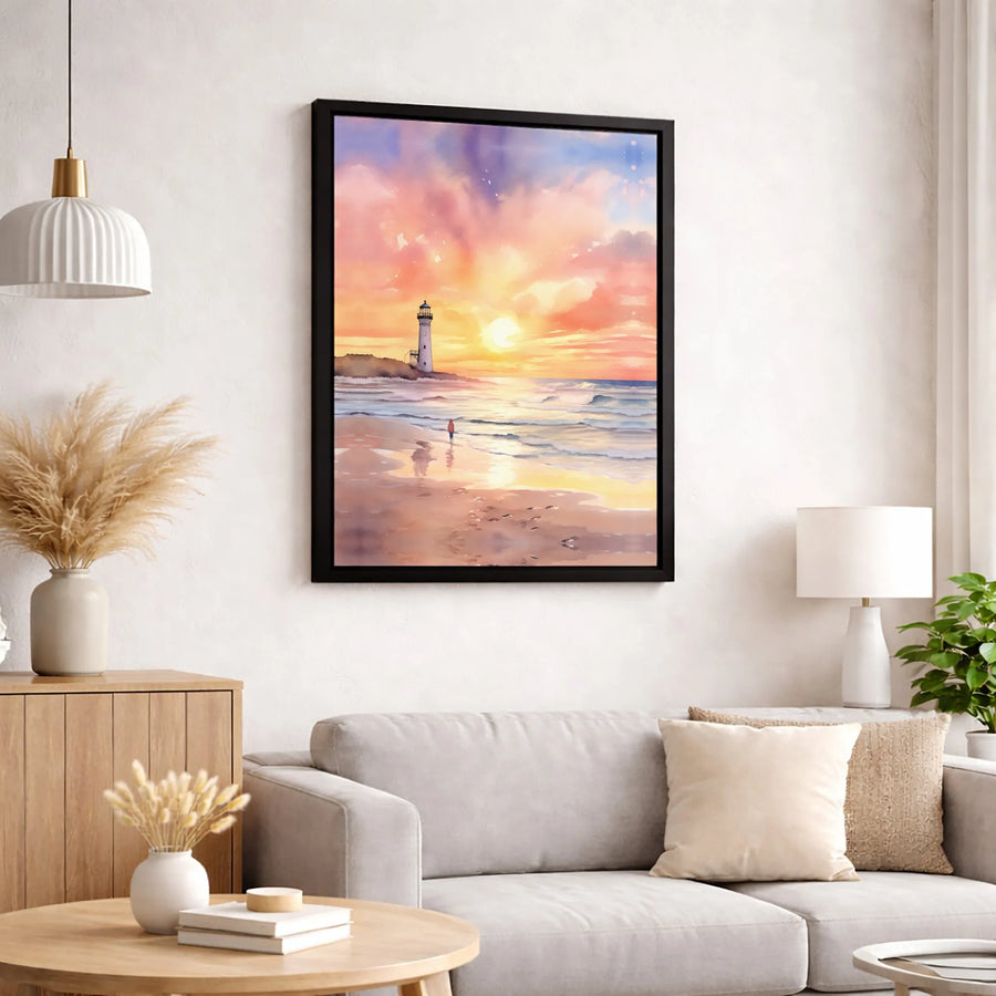 Lighthouse Canvas Wall Art | Coastal Sunset Watercolor Landscape | Premium 1.25" Gallery Wrap | Serene Beach Decor for Living Room