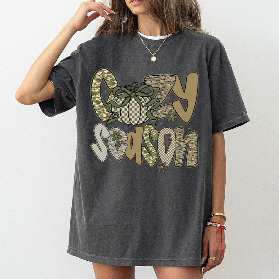 Cozy Season T-Shirt | Fall Pumpkin Camo Graphic Print | Premium Soft Cotton | Gift For Women Who Love Autumn Hunting Apparel