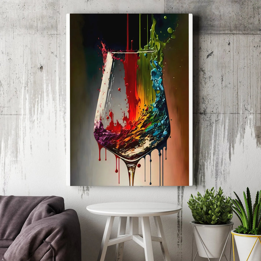 Abstract Wine Glass Canvas Print | Vibrant Rainbow Dripping Paint Art | 1.25-Inch Gallery Wrap | Modern Kitchen & Bar Decor Gift