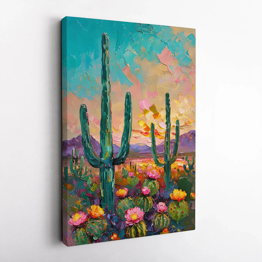 Desert Cactus Canvas Print | Vibrant Impasto Landscape Artwork | Premium Gallery Wrapped Wall Decor | Southwestern Home Interior Gift