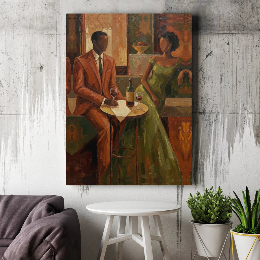 African American Couple Canvas Art | Romantic Wine Date Oil Painting Style | 1.25-Inch Gallery Wrap | Premium Black Love Home Decor Wall Art