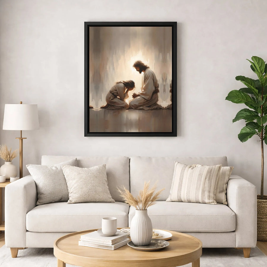 Jesus and Praying Woman Canvas Print | Spiritual Christian Wall Art | Premium Gallery-Wrapped Decor | Religious Gift for Home or Church