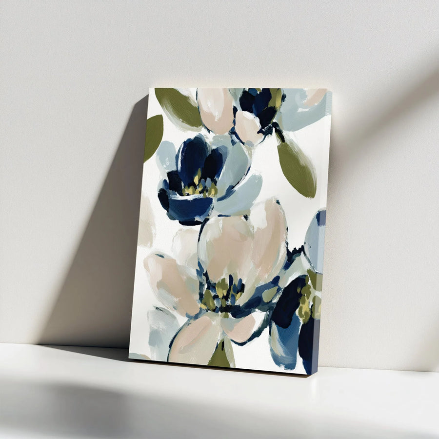 Abstract Floral Vertical Canvas | Modern Navy and Sage Botanical Painting Print | Premium Gallery Wrapped Canvas | Living Room Decor Gift