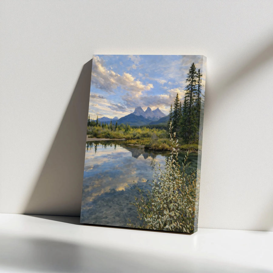 Mountain Landscape Canvas Wall Art | Realistic River Reflection Painting | Premium Thick Gallery Wrap | Modern Cabin & Lodge Decor Gift