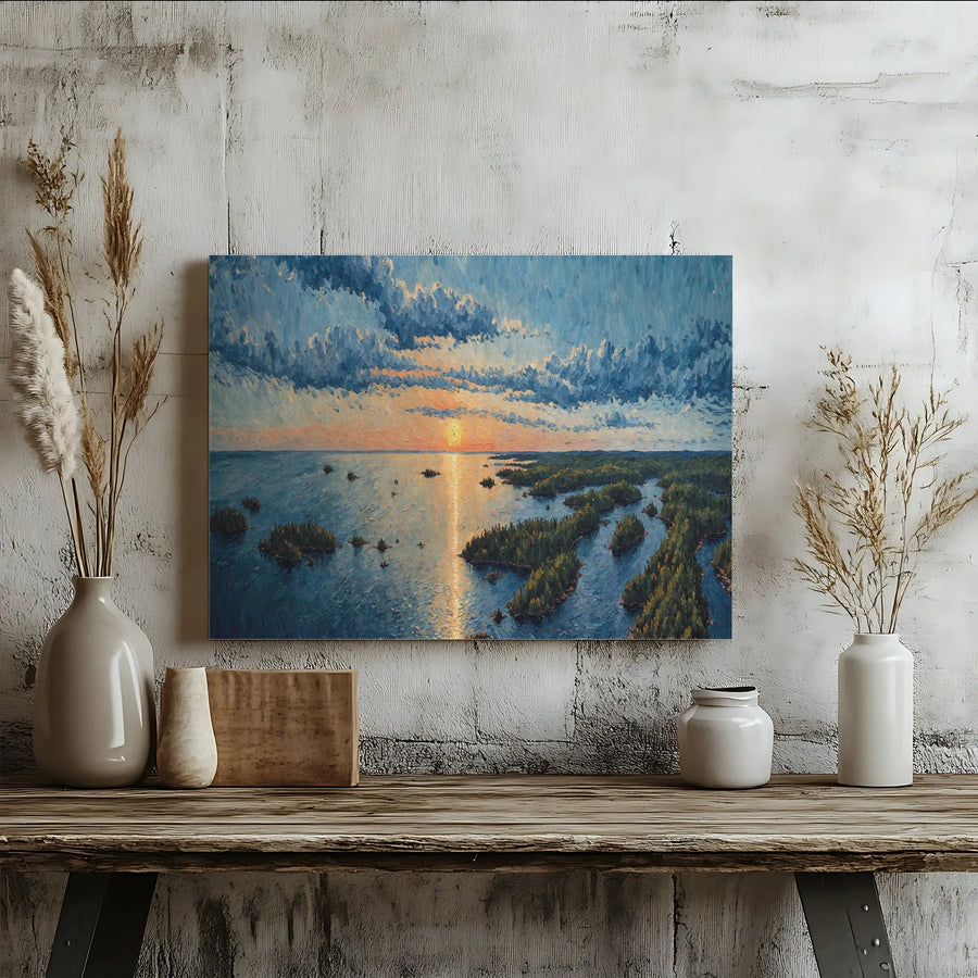 Island Archipelago Sunset Canvas Wall Art | Impressionist Seascape Painting | Premium Gallery-Wrapped Print | Modern Home & Office Decor Gift