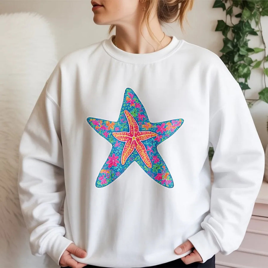 Preppy Starfish Sweatshirt | Colorful Coastal Floral Graphic | Soft Cotton Blend Crewneck | Unisex Summer Vacation Gift