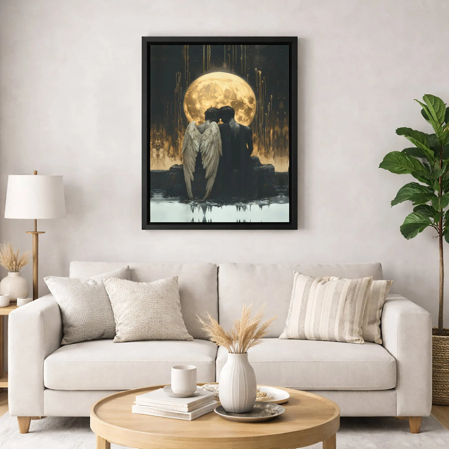 Angel and Demon Couple Wall Art | Gothic Fantasy Moon Canvas Print | Gallery Quality 1.25-inch Profile | Unique Romantic Home Decor Gift