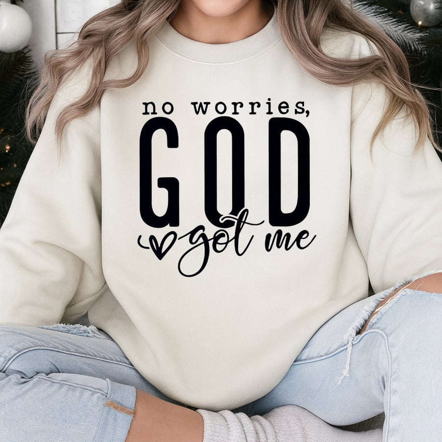 No Worries God Got Me Sweatshirt | Christian Faith Graphic Crewneck | Premium Cotton-Poly Blend | Religious Gift for Men and Women