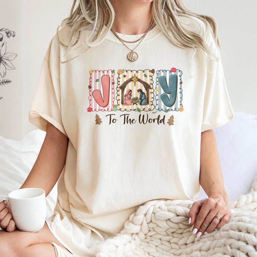 Joy To The World T-Shirt | Christian Nativity Christmas Graphic | Premium 100% Cotton Tee | Religious Holiday Gift For Men And Women