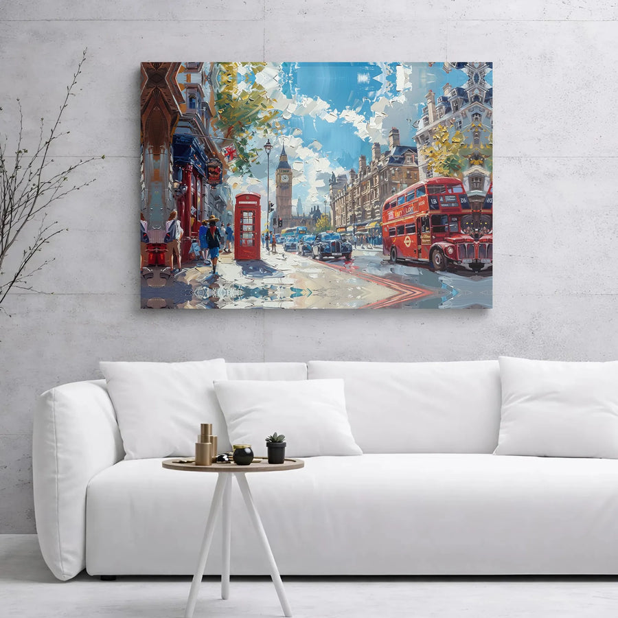 London Street Scene Canvas Art | Impressionist Big Ben & Red Bus Print | Gallery Wrapped Premium Quality | British Home Decor Gift for Travelers