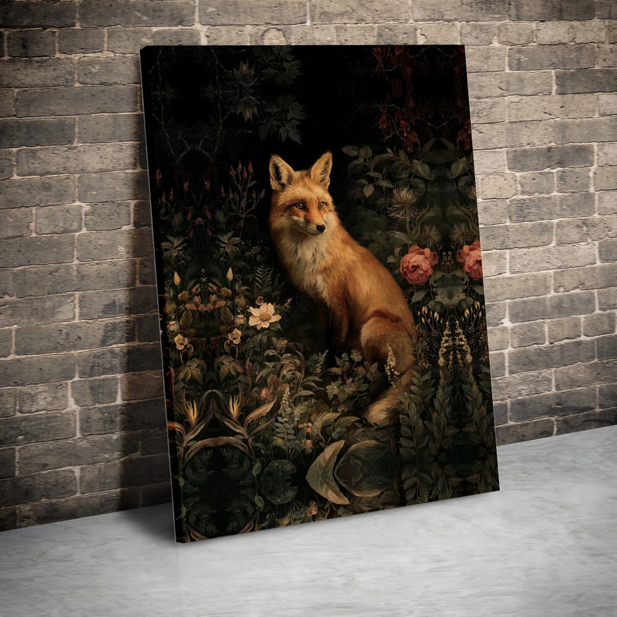 Vintage Fox Canvas Wall Art | Moody Botanical Forest Painting | Premium Gallery Wrapped Canvas | Cottagecore Home Decor Gift for Nature Lover