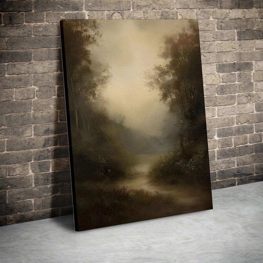 Misty Forest Path Canvas Wall Art | Moody Landscape Nature Print | 1.25-Inch Gallery-Wrapped Profile | Premium Home & Office Decor