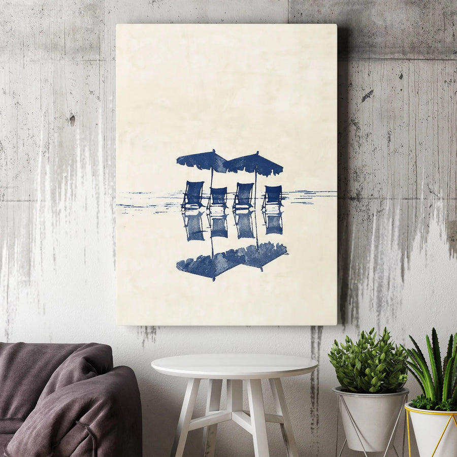Beach Chair Canvas Art | Minimalist Blue Ocean Umbrella Reflection | Premium Gallery Wrapped Wall Decor | Coastal Home Office Gift