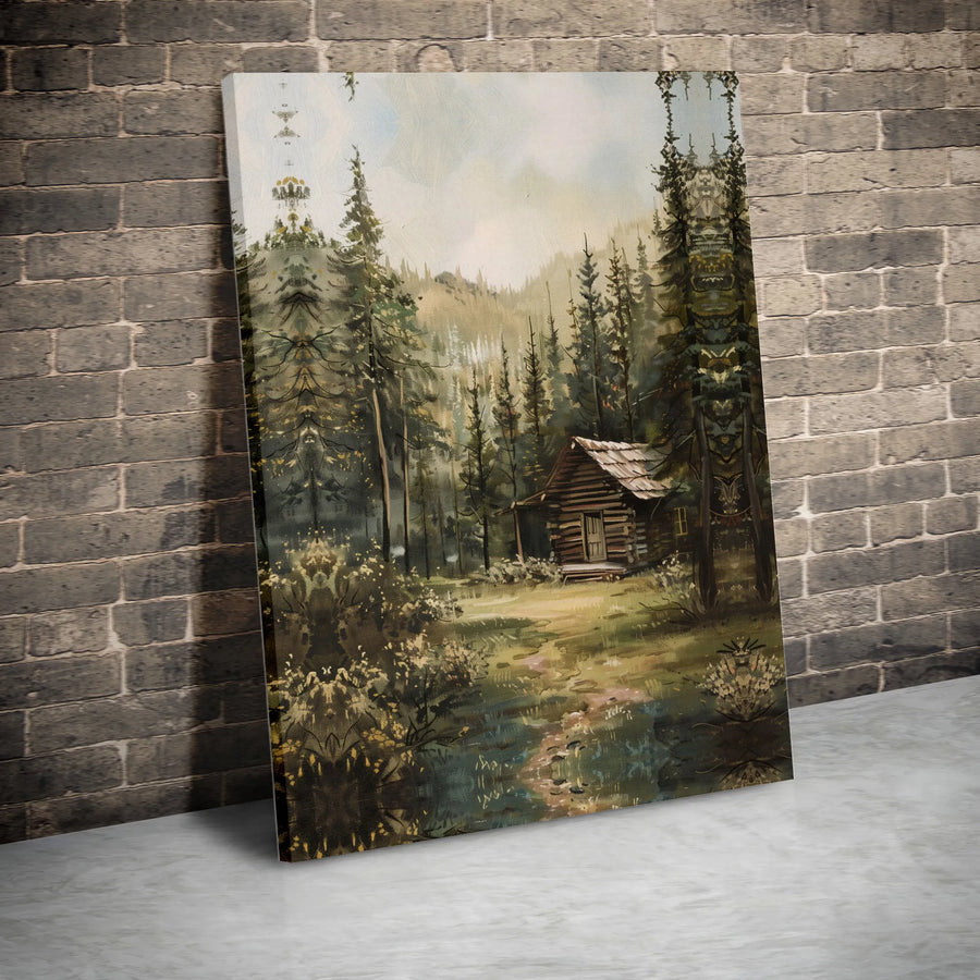 Rustic Log Cabin Canvas Print | Woodland Pine Forest Painting | Premium 1.25-Inch Thick Gallery Wrap | Nature Home Decor Wall Art