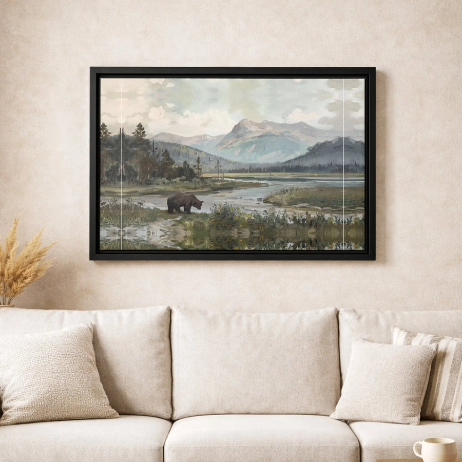 Grizzly Bear Landscape Canvas Print | Mountain River Wildlife Wall Art | Premium Gallery-Wrapped Gallery Decor | Nature Lover Gift for Home Office